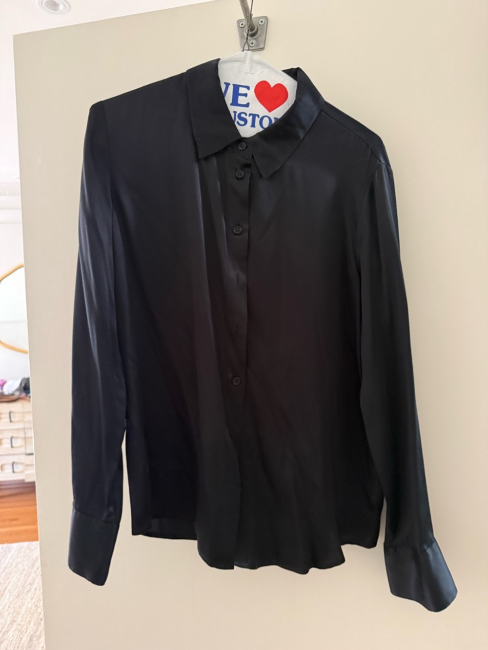 Reformation.Black Satin Button-Up Blouse and Matching mini skirt